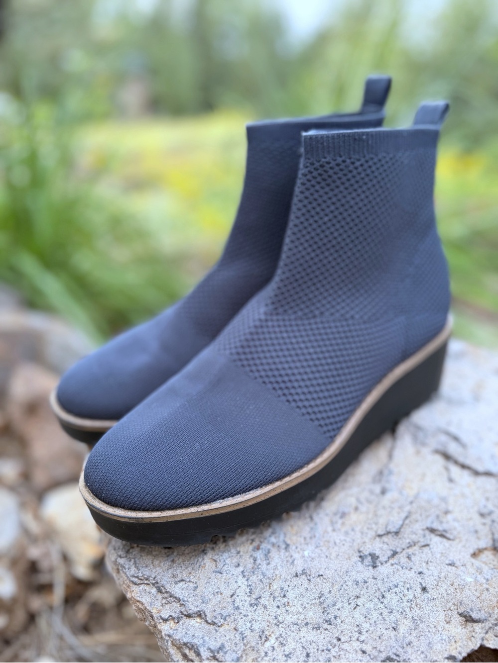 Bandolino Slip-On Knit Wedge Boots in Navy Blue Sock Fit